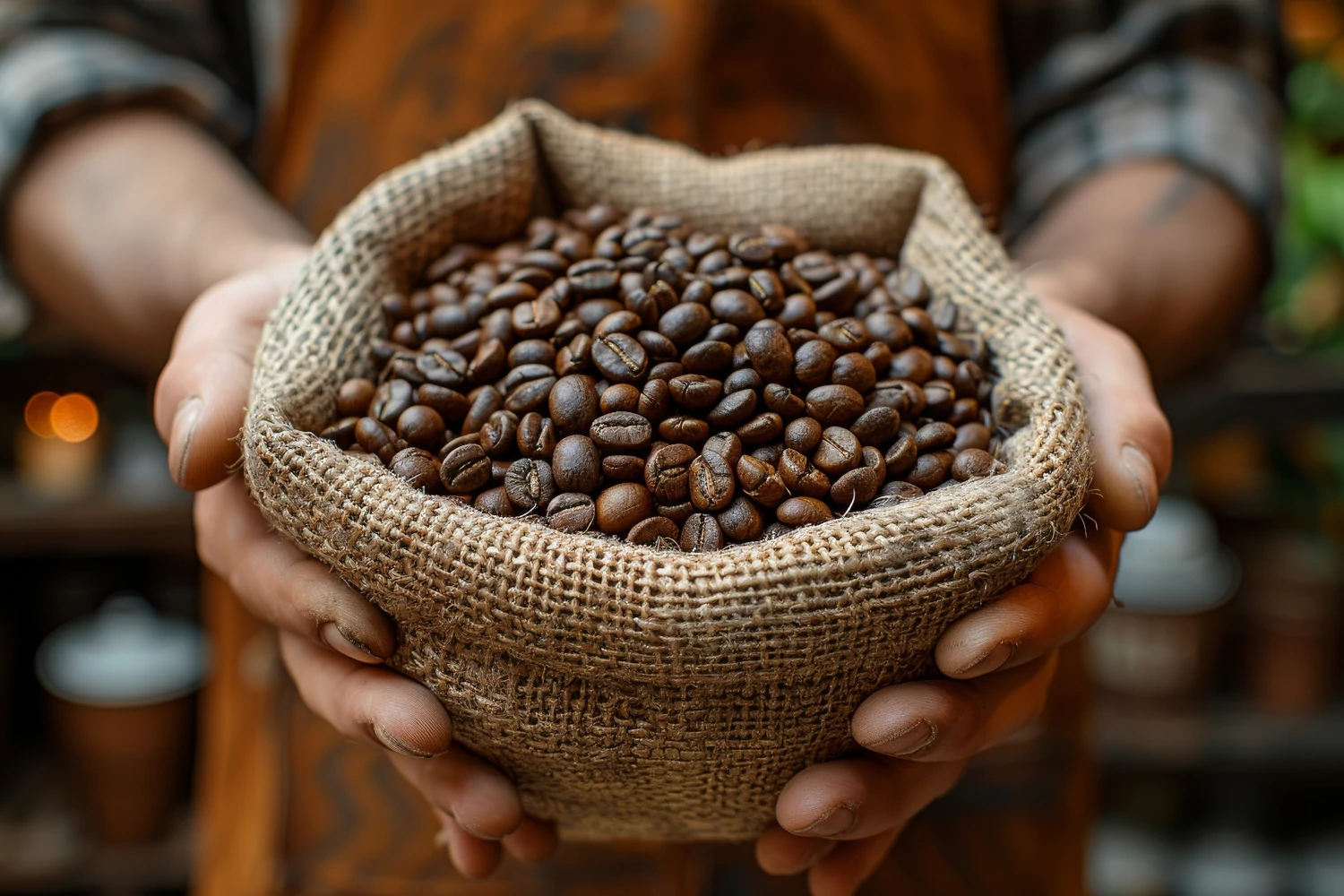 Tress Kaffee, Eine Person in einer Schürze hält einen Sack mit gerösteten Kaffeebohnen, der Frische, Handel und Kaffeekultur symbolisiert