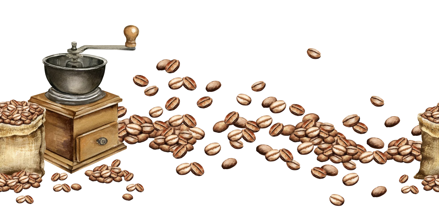 Tress Kaffee, Aquarell nahtlose Grenze mit manueller Kaffeemühle, Kaffeebohnen und volle braune Leinwand Tasche mit Kaffeebohnen