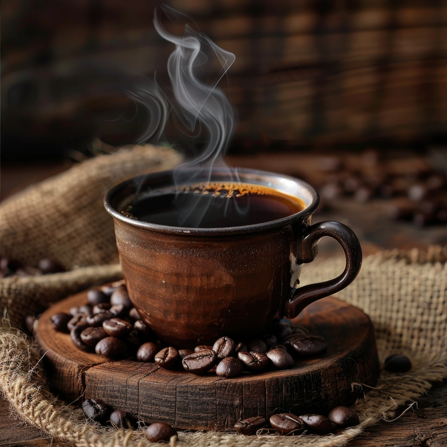 Tress Kaffee, Eine Tasse dunkler Röstkaffee mit wirbelndem Dampf, auf einem alten Holzhintergrund mit Bohnen.