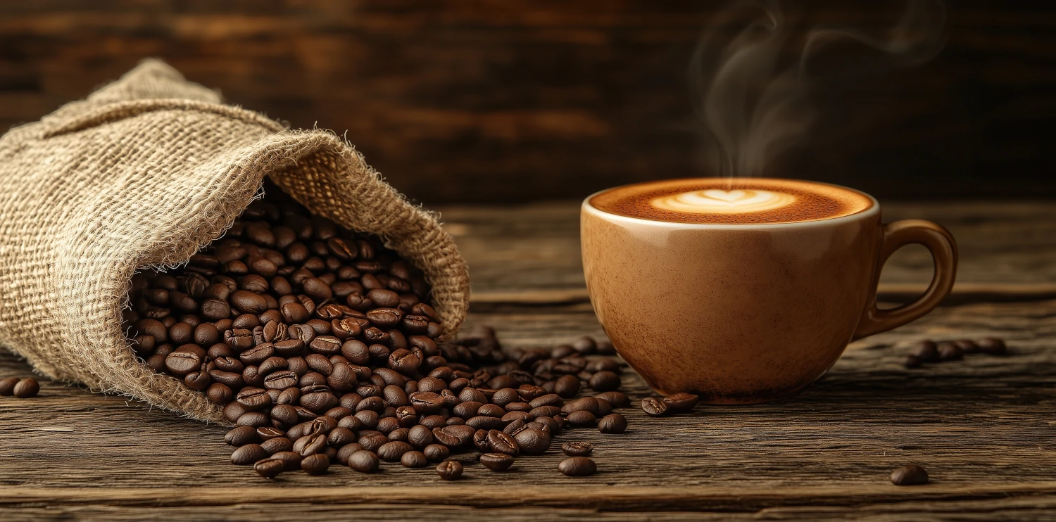 Tress Kaffee, Tasse Kaffee mit dampfend heißem Espresso und ein alter Holztisch im Hintergrund, gefüllt mit einer Tasche auf der rustikalen Holzoberfläche, ein Füllhorn voller brauner Kaffeebohnen aus einer Bohnenrösterei