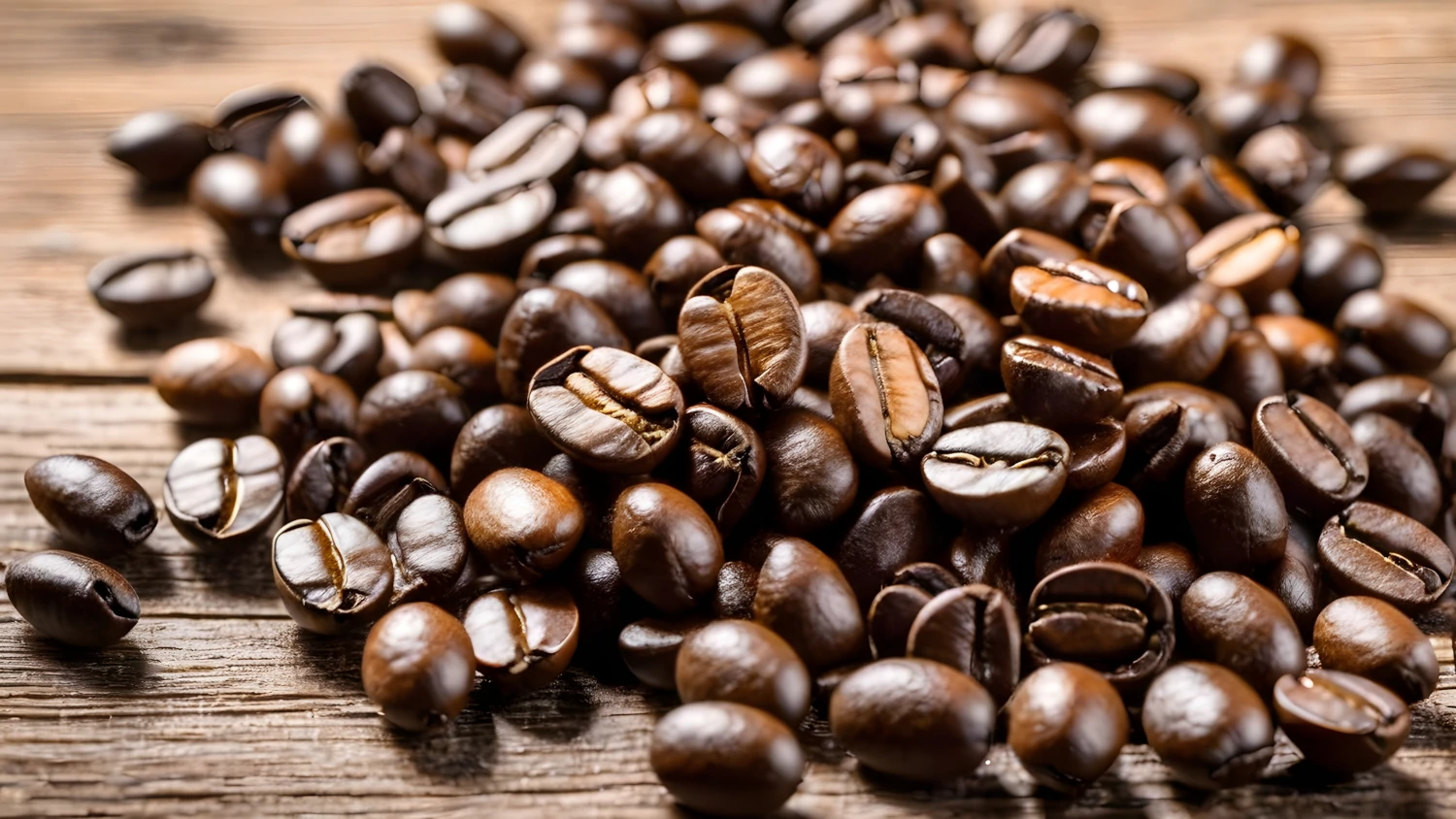 Tress Kaffee, Spezialitätenkaffeebohnen auf rustikalem Holzhintergrund. Kaffeebohnen Hintergrund