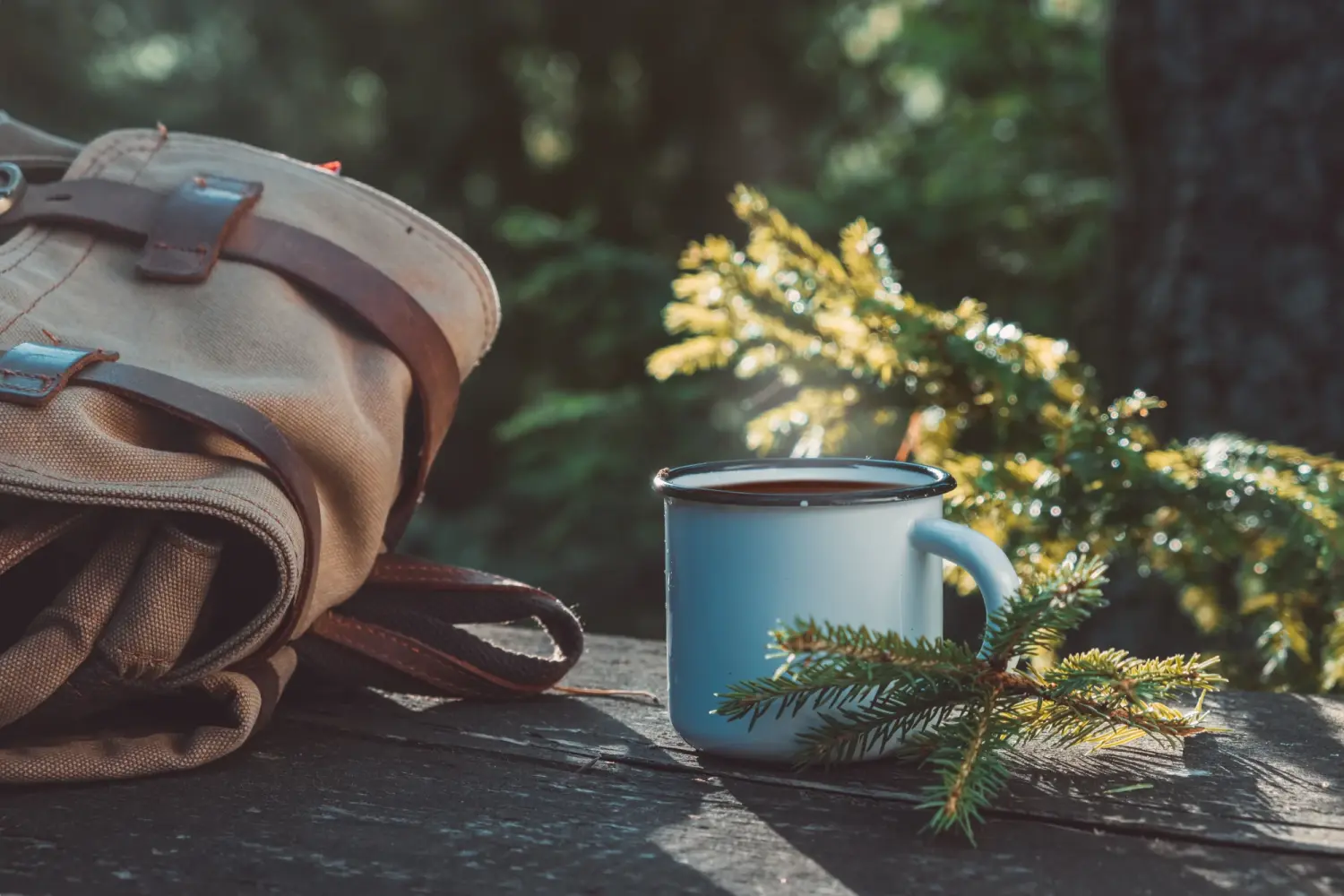 Tress Kaffee, Emaillierte Tasse Kaffee oder Tee, Rucksack eines Reisenden auf Holzbrett im Sommerwald im Freien.